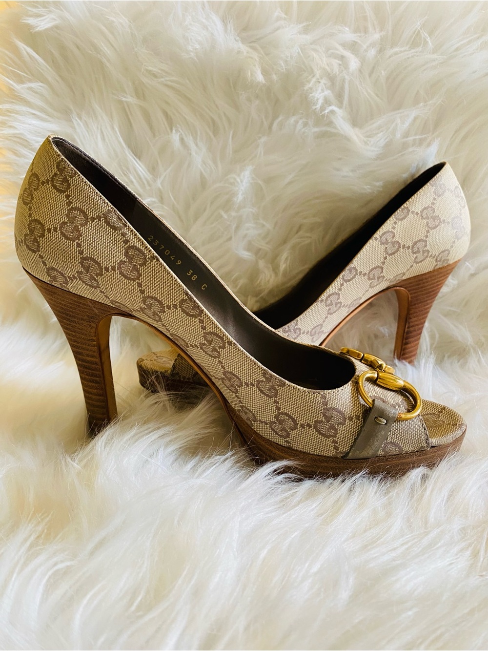 🛍️Gucci Authentic Horsebit Canvas Peep-Toe Pumps & All Original Packaging - Picture 13 of 17